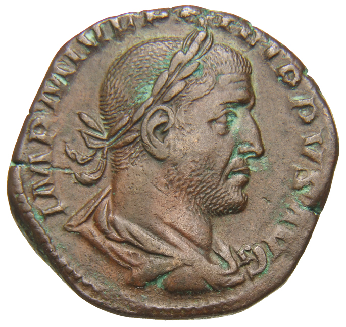 RIC IV Philip I 164 Philip The Arab obverse, Bust of Philip the Arab, laureate, draped, cuirassed, right