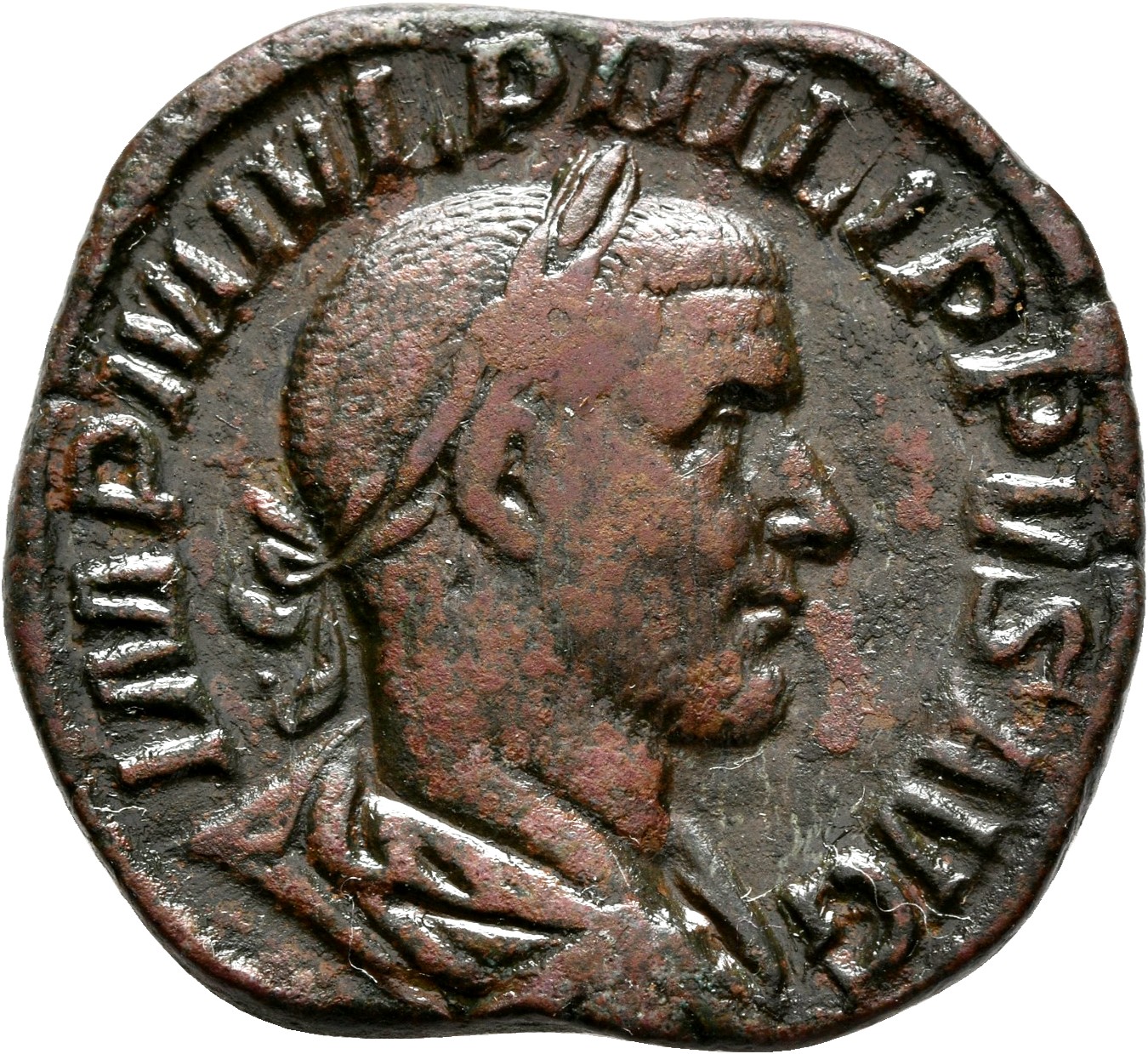 RIC IV Philip I 172A Philip The Arab obverse — Bust of Philip the Arab, laureate, draped, cuirassed, right