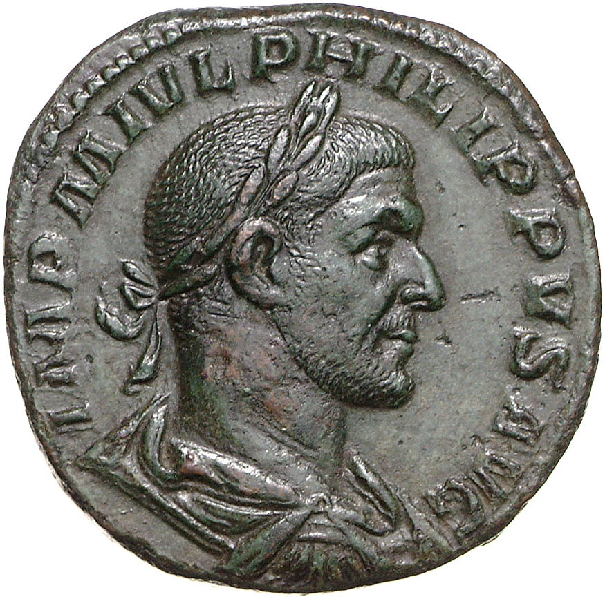 RIC IV Philip I 173 Philip The Arab obverse, Drapierte Panzerbüste des Philippus Arabs mit Lorbeerkranz in der Rückenansic...