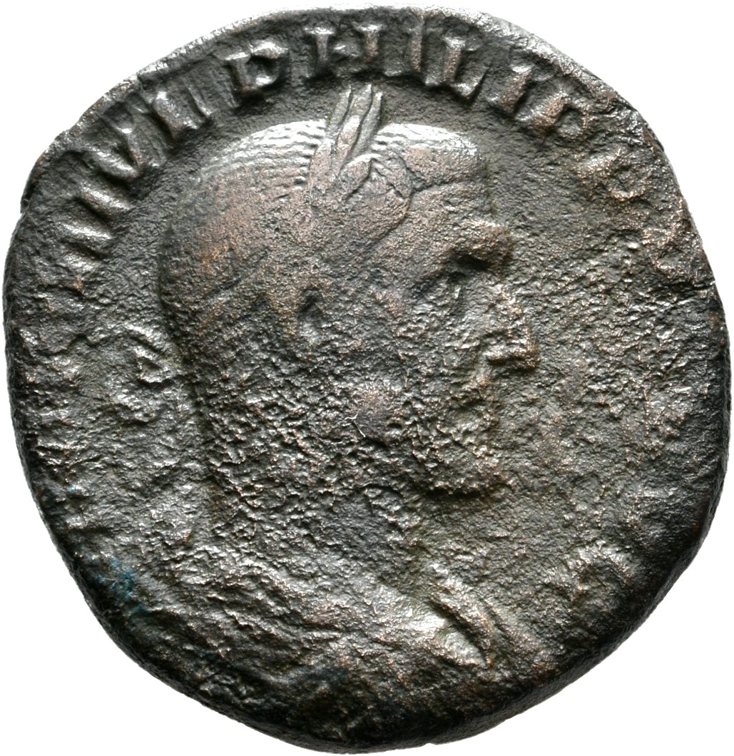 RIC IV Philip I 173 Philip The Arab obverse — Drapierte Panzerbüste des Philippus Arabs mit Lorbeerkranz in der Rückenansi...
