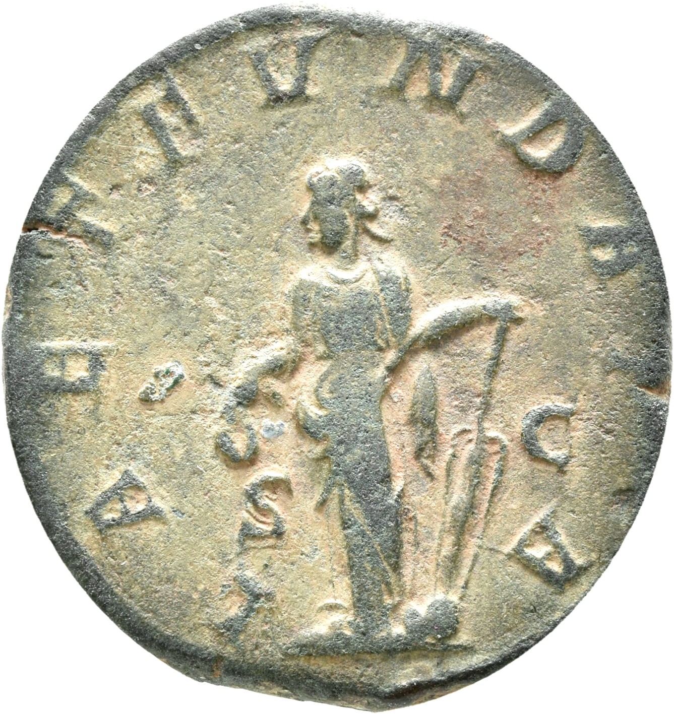 RIC IV Philip I 175A Philip The Arab reverse, Laetitia, draped, standing left, holding wreath in right hand and rudder in ...