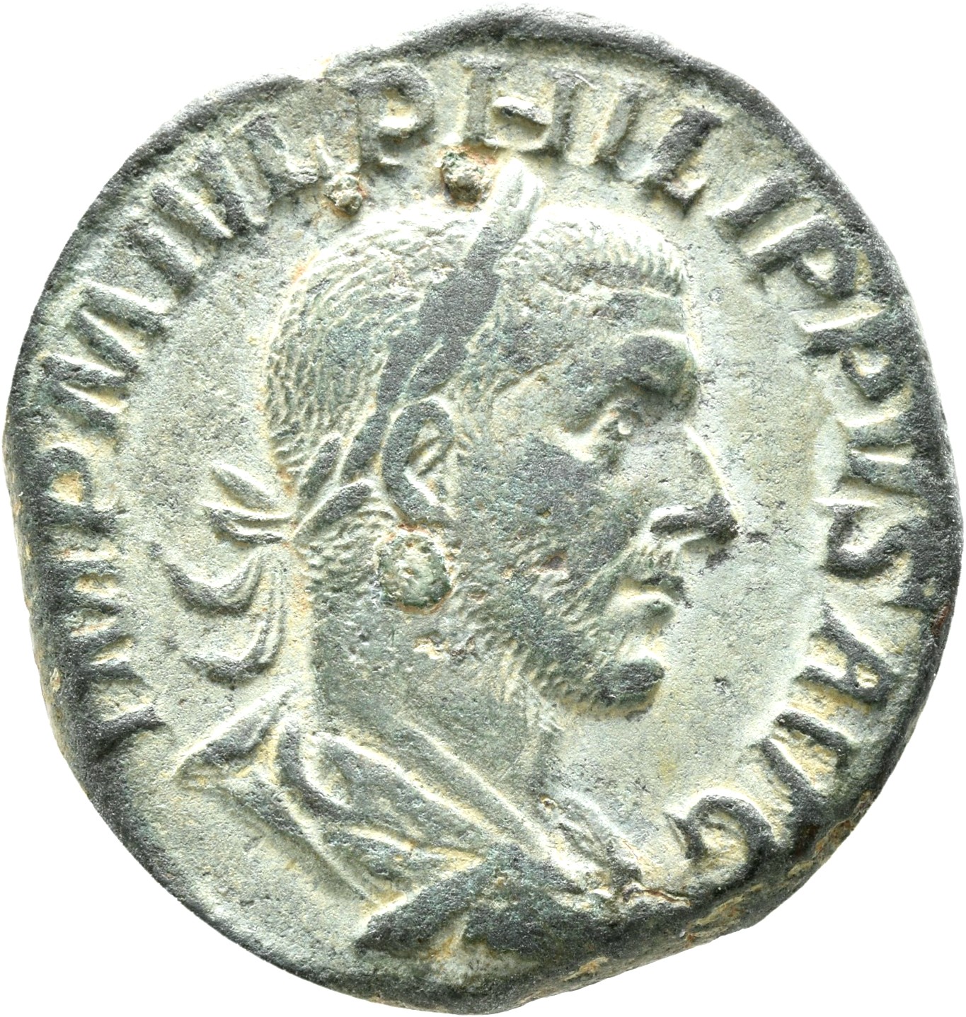 RIC IV Philip I 175A Philip The Arab obverse — Bust of Philip the Arab, laureate, draped, cuirassed, right