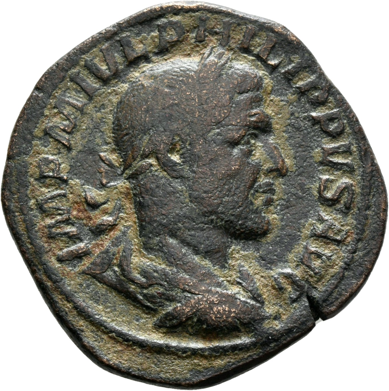 RIC IV Philip I 180 Philip The Arab obverse, Bust of Philip the Arab, laureate, draped, cuirassed, right