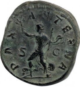 RIC IV Philip I 185A Philip The Arab reverse, Pax, nach l. gehend, mit Palmzweig in der vorgestreckten R. und Zepter im l....