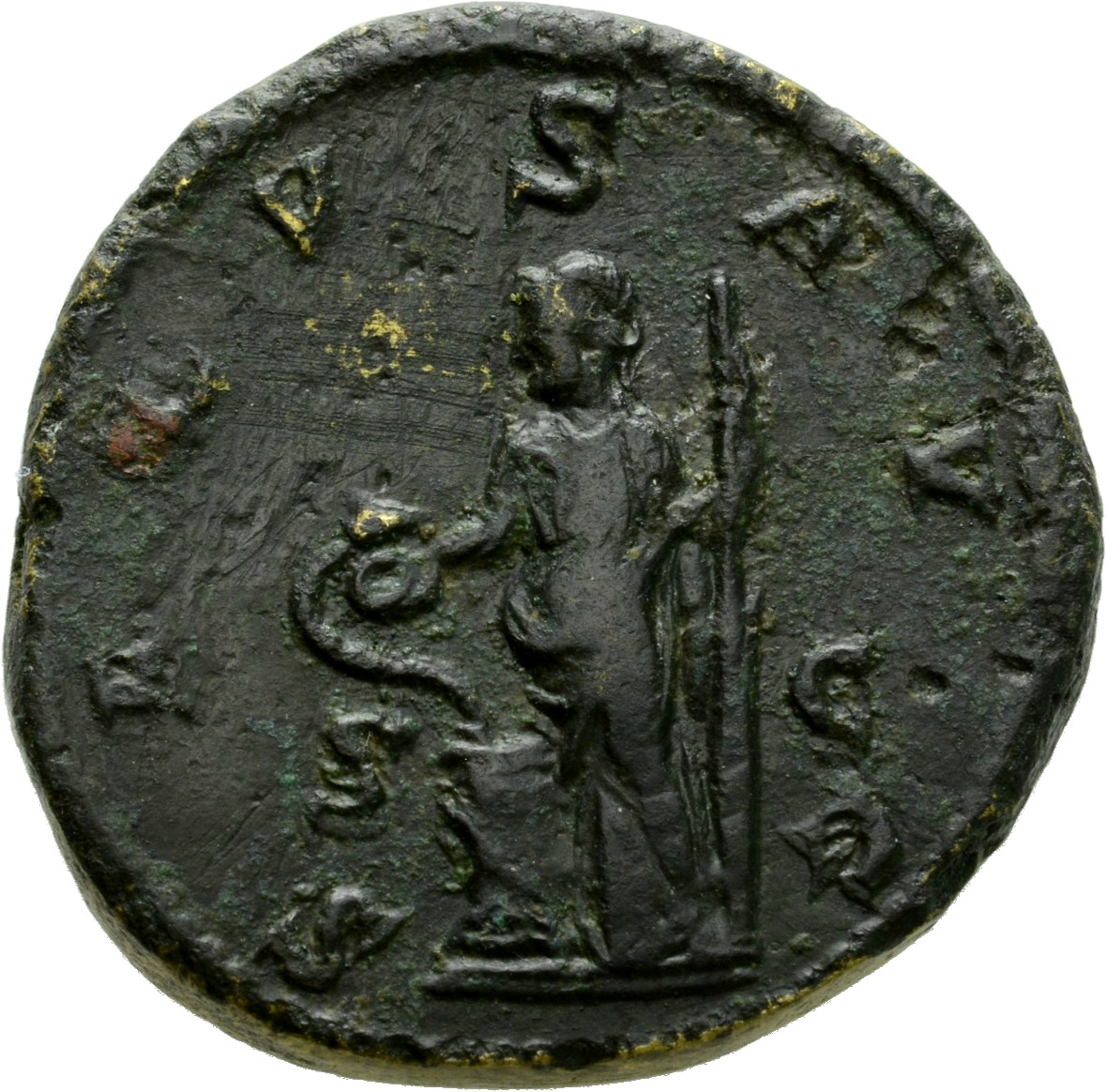 RIC IV Philip I 187C Philip The Arab reverse, Salus, draped, standing left, feeding snake coiled around altar out of right...