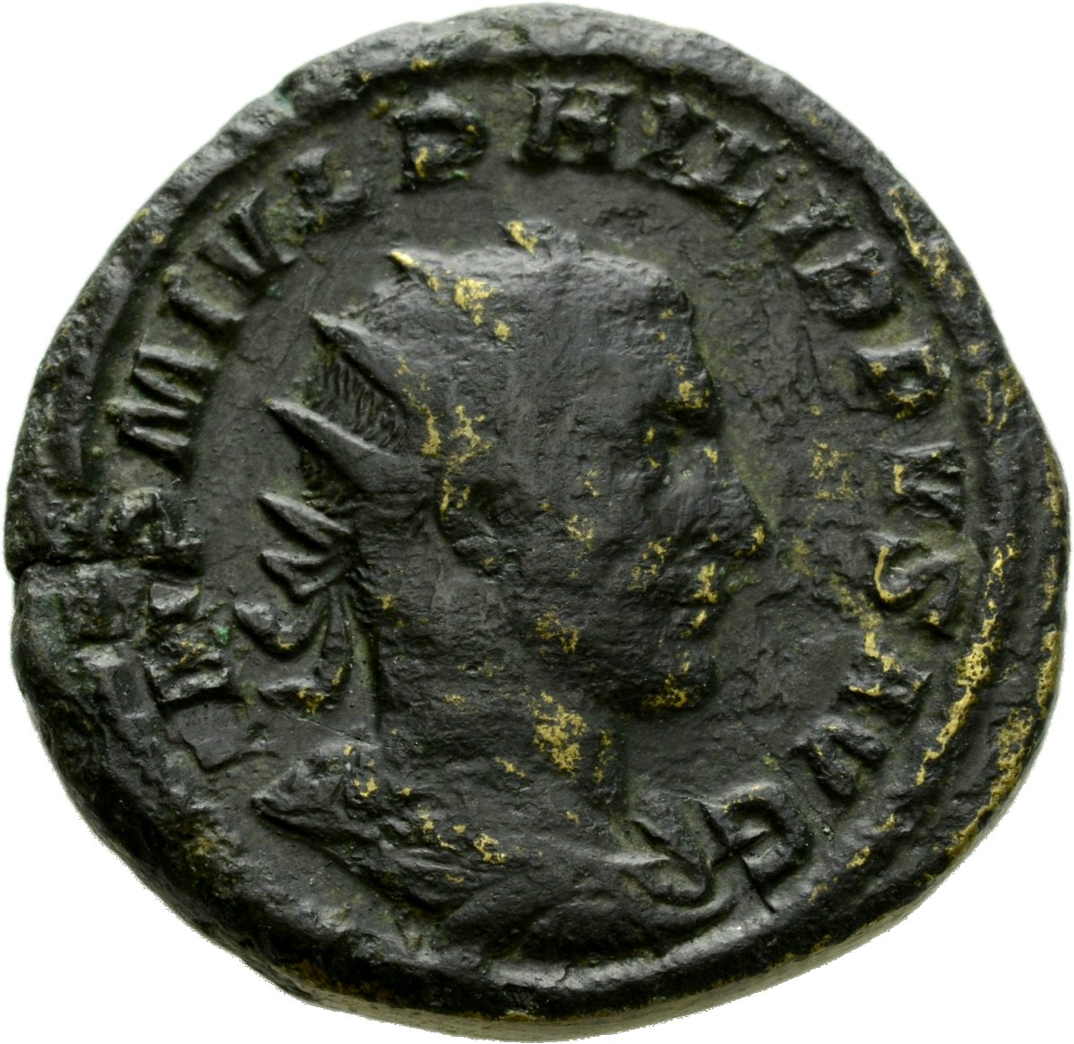 RIC IV Philip I 187C Philip The Arab obverse, Bust of Philip the Arab, radiate, draped, cuirassed, right
