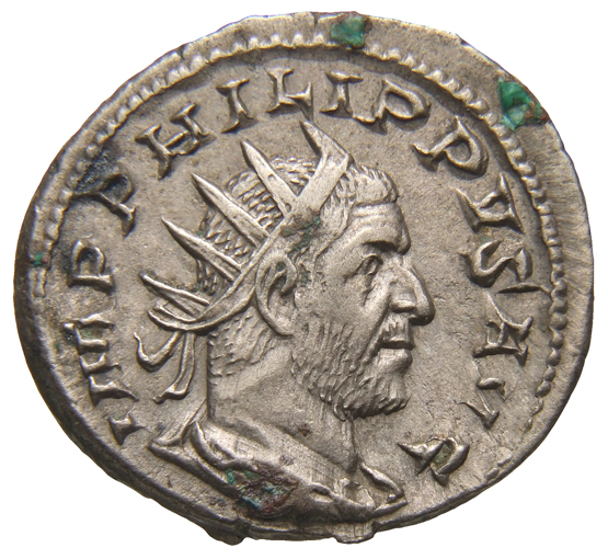 RIC IV Philip I 19: Subtype 2 Philip The Arab obverse, Bust of Philip the Arab, radiate, draped, cuirassed, right
