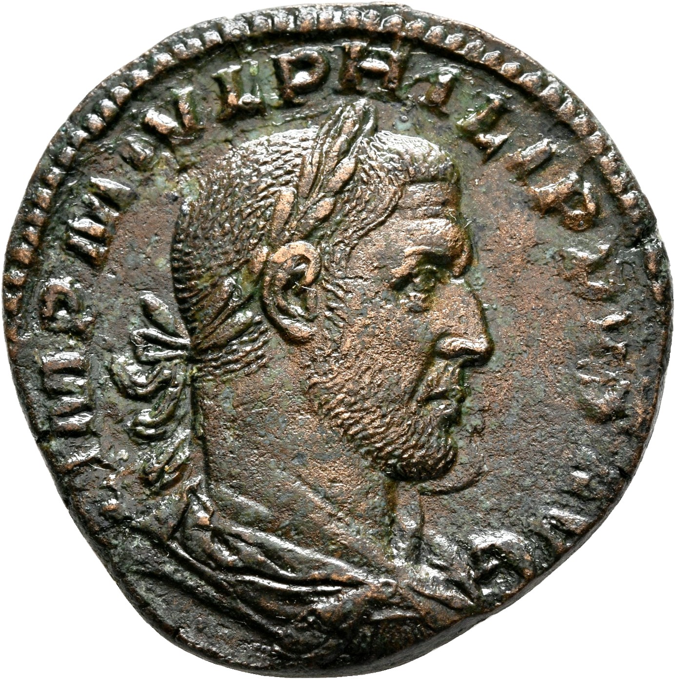 RIC IV Philip I 190 Philip The Arab obverse, Bust of Philip the Arab, laureate, draped, cuirassed, right