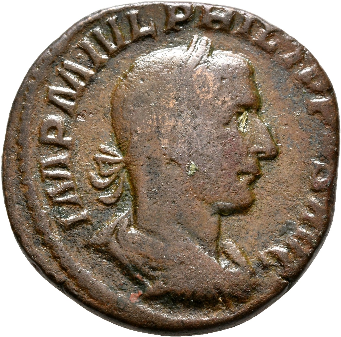 RIC IV Philip I 191A Philip The Arab obverse, Bust of Philip the Arab, laureate, draped, cuirassed, right