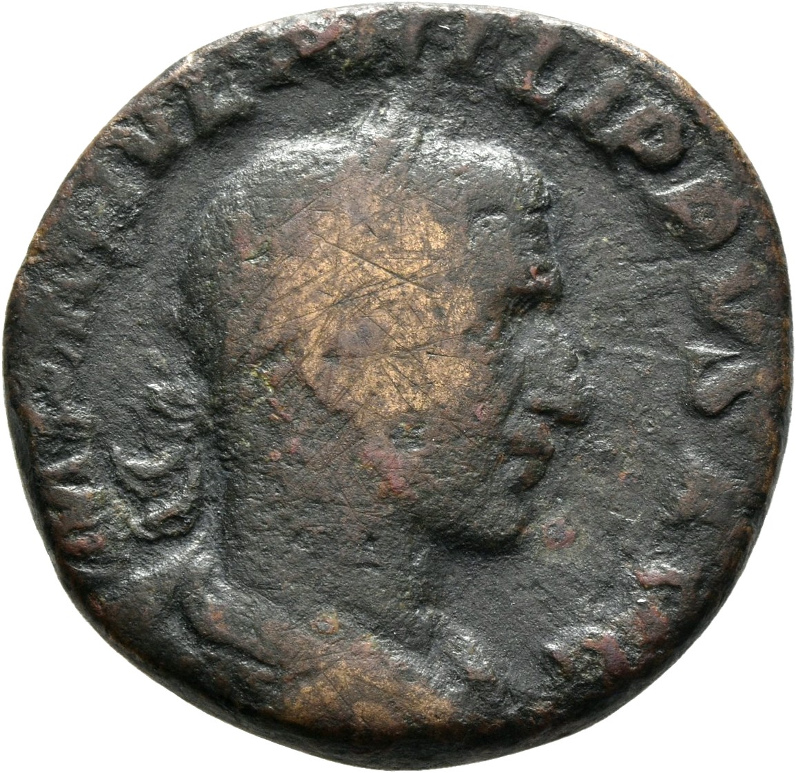 RIC IV Philip I 193 Philip The Arab obverse, Bust of Philip the Arab, laureate, draped, cuirassed, right