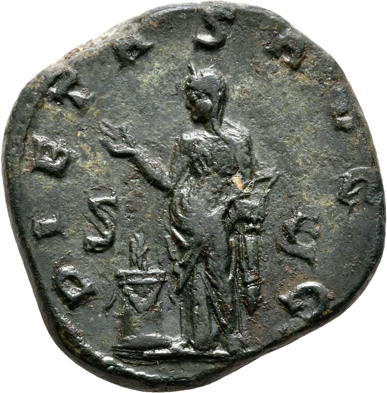 RIC IV Philip I 198A Philip The Arab reverse, Pietas, draped, standing left, sacrificing over altar and holding prefume box