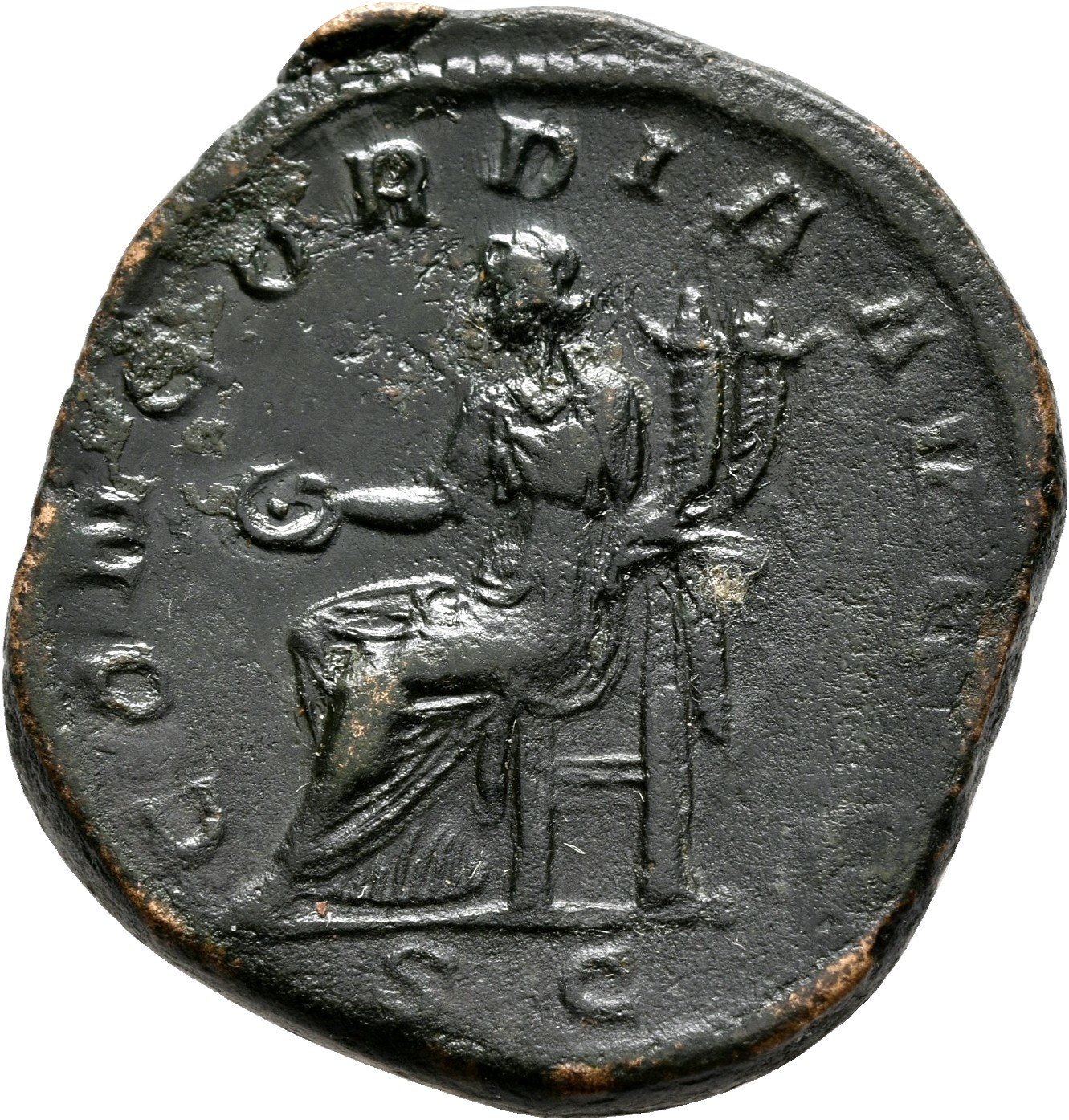 RIC IV Philip I 203A Philip The Arab reverse, Concordia, draped, seated left, holding patera in right hand and double corn...