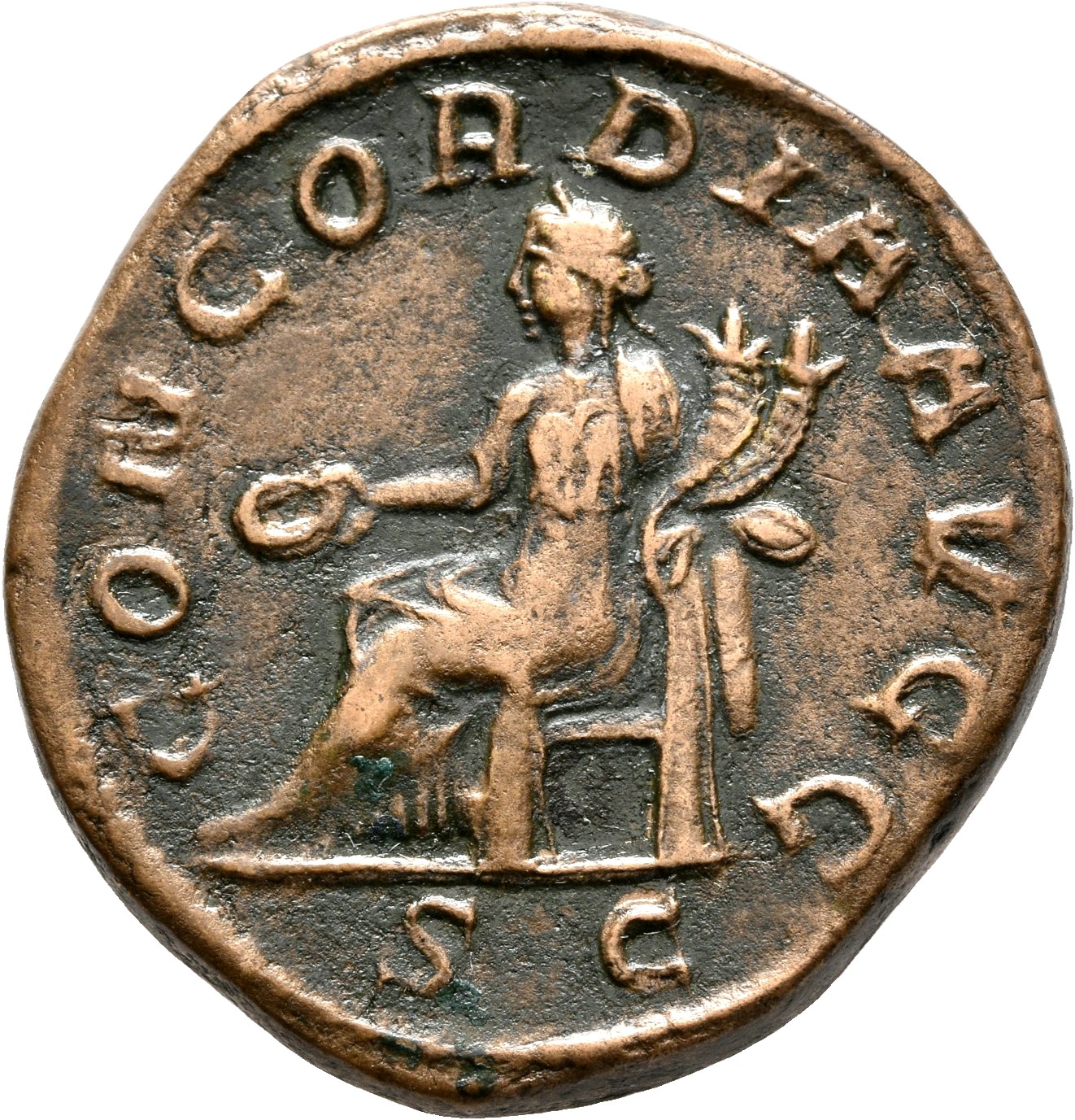 RIC IV Philip I 203A Philip The Arab reverse, Concordia, draped, seated left, holding patera in right hand and double corn...