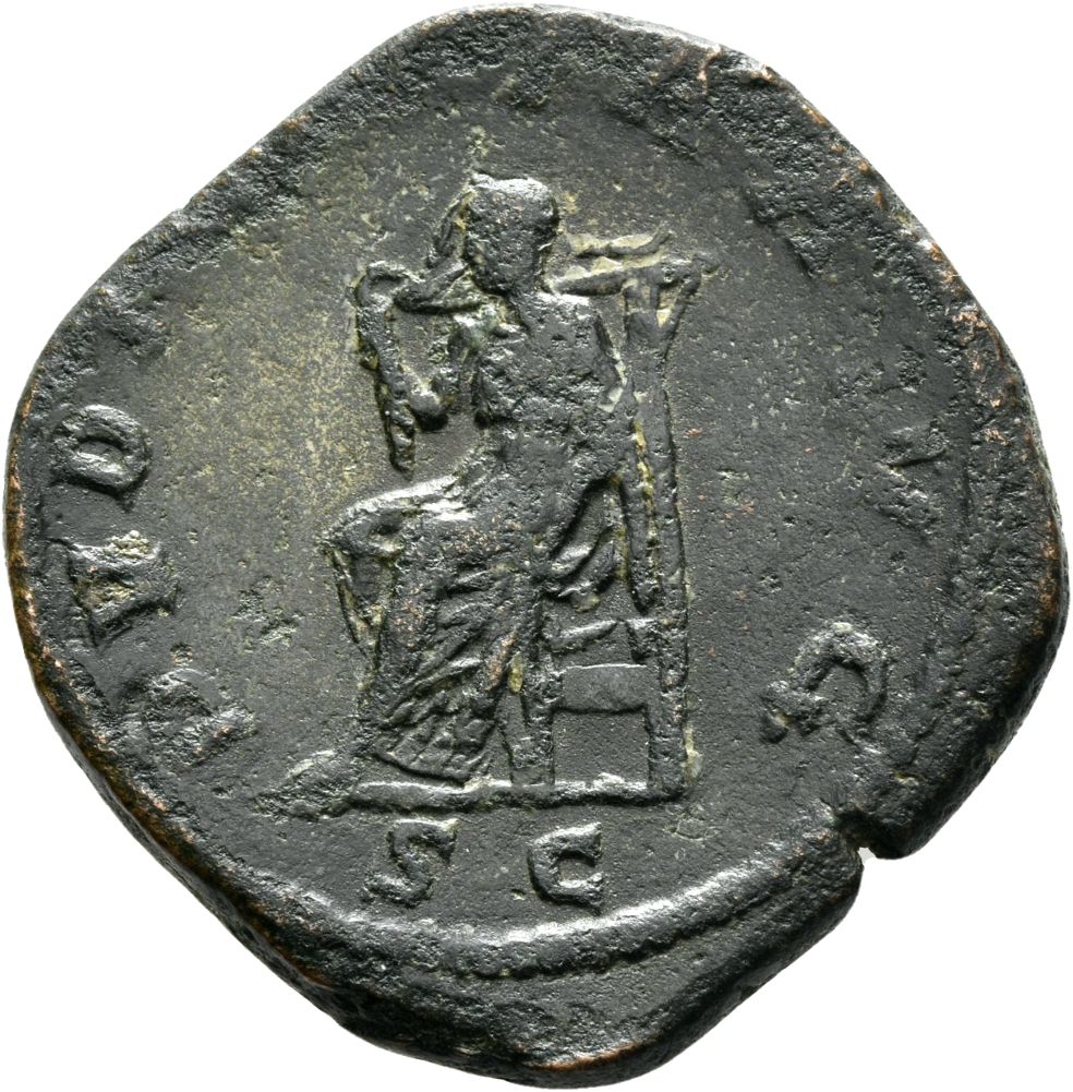 RIC IV Philip I 209 Philip The Arab reverse, Pudicitia, draped, veiled, seated left, right hand drawing veil and holding s...