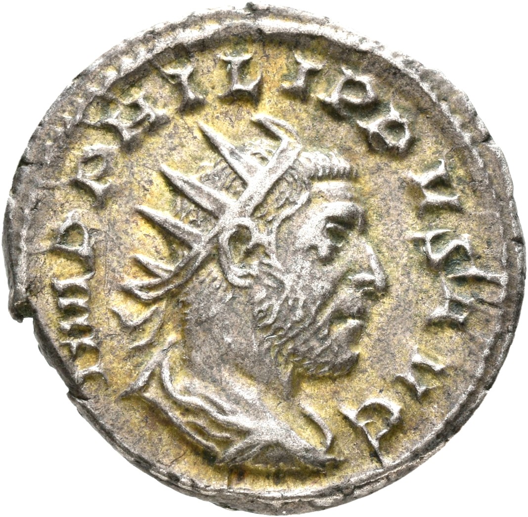 RIC IV Philip I 21 Philip The Arab obverse, Bust of Philip the Arab, radiate, draped, cuirassed, right