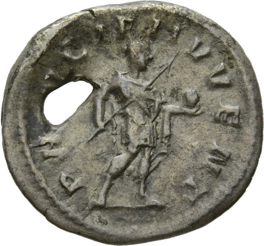 RIC IV Philip I 216B Philip The Arab reverse, Philip II, in military attire, standing right, holding globe in right hand a...