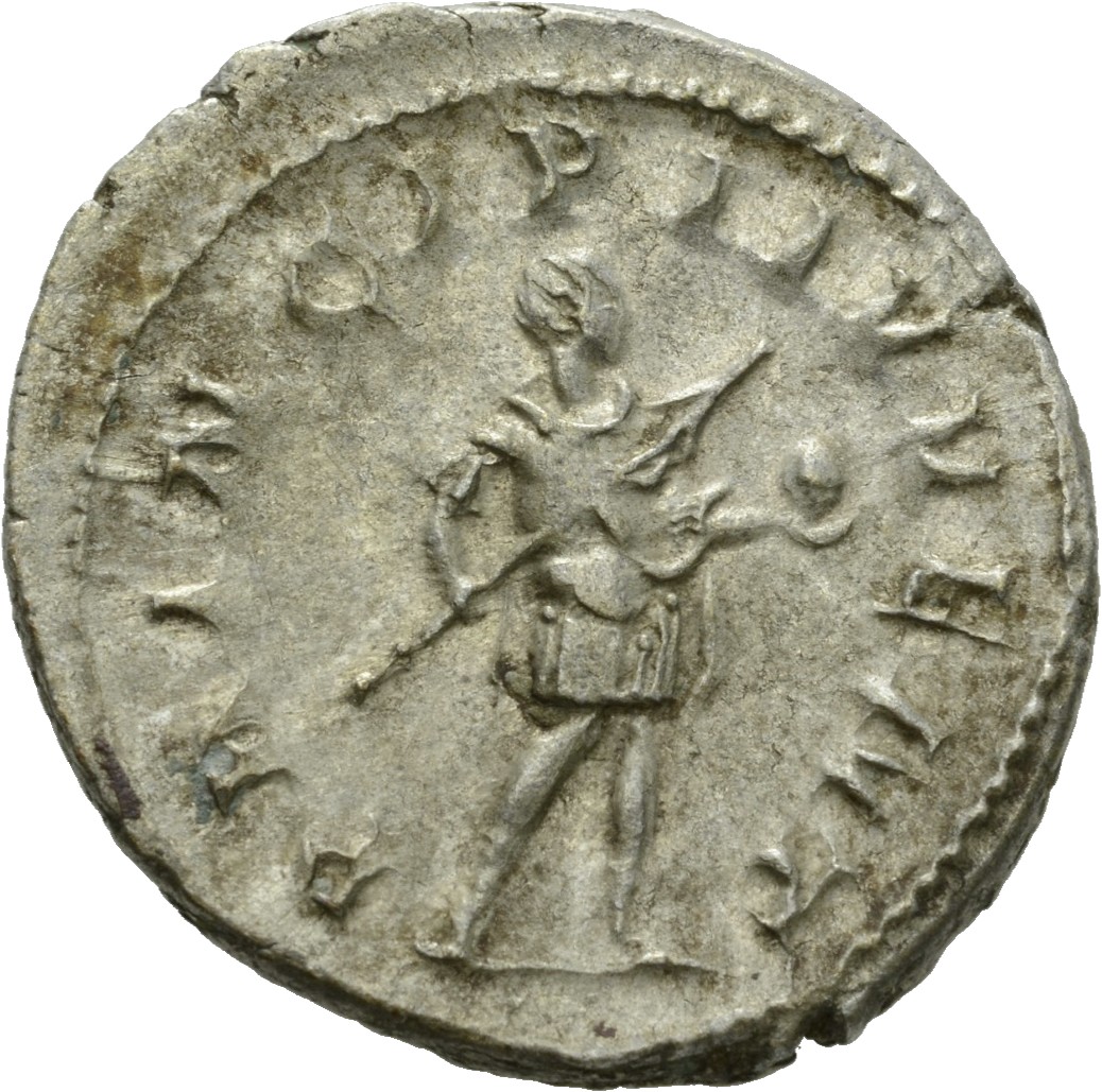 RIC IV Philip I 216C Philip The Arab reverse, Philip II, in military attire, standing right, holding globe in right hand a...