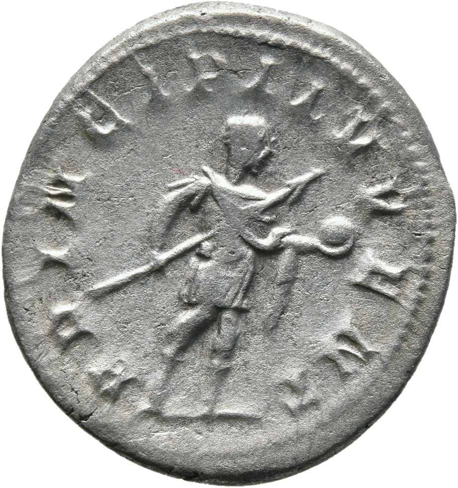 RIC IV Philip I 216C Philip The Arab reverse, Philip II, in military attire, standing right, holding globe in right hand a...
