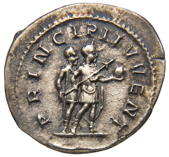 RIC IV Philip I 217 Philip The Arab reverse, Philip II, in military attire, standing right, holding globe in right hand an...