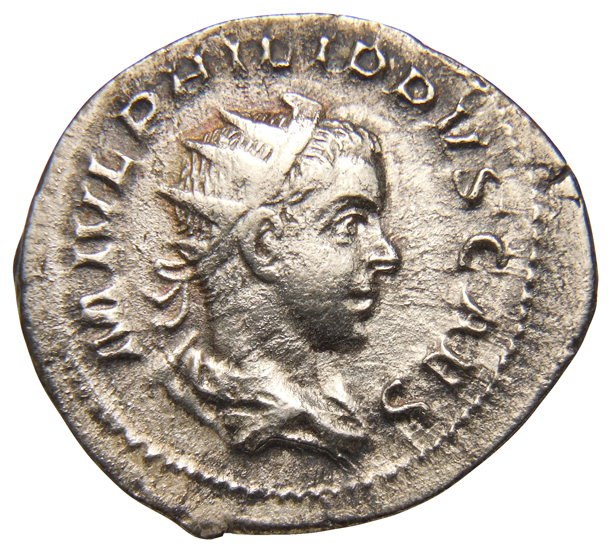 RIC IV Philip I 217 Philip The Arab obverse, Bust of Philip II, radiate, draped, cuirassed, right