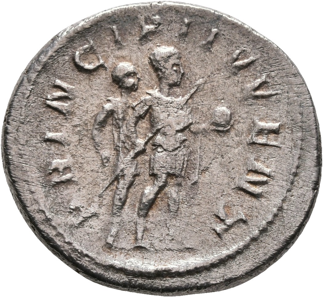 RIC IV Philip I 217 Philip The Arab reverse, Philip II, in military attire, standing right, holding globe in right hand an...