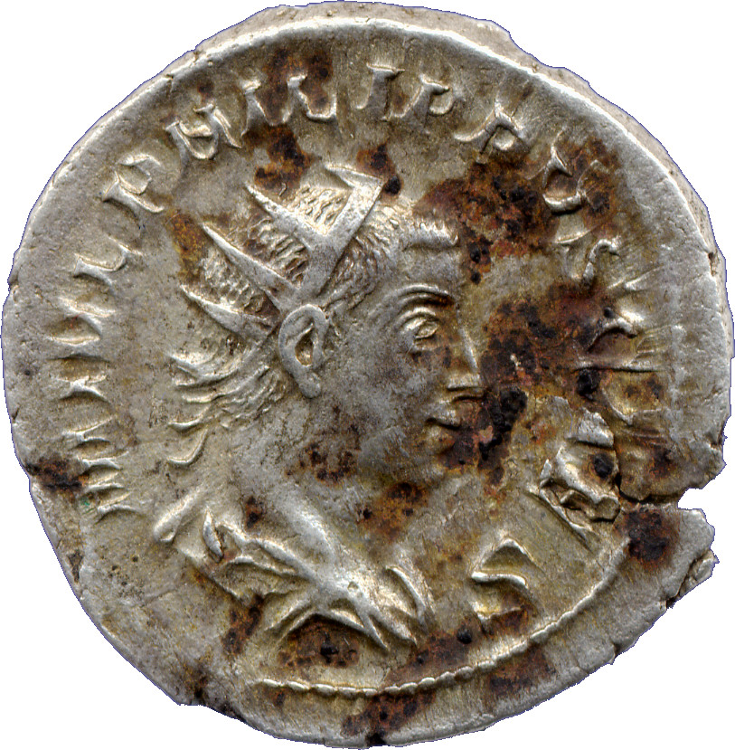 RIC IV Philip I 218 Philip The Arab obverse, Drapierte Panzerbüste des Philippus II. in der Rückenansicht nach r.