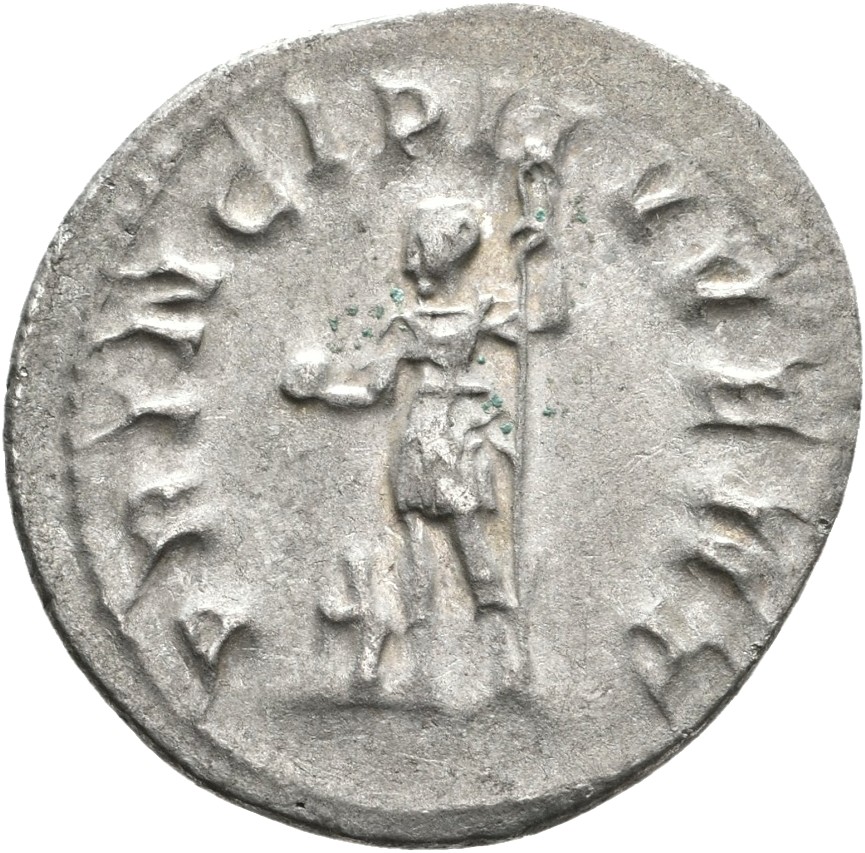 RIC IV Philip I 219 Philip The Arab reverse, Philip II, standing left, holding globe in right hand and standard in left ha...