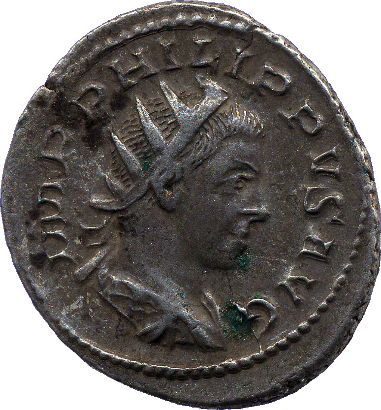 RIC IV Philip I 224 Philip The Arab obverse, Bust of Philip II, radiate, draped, cuirassed, right