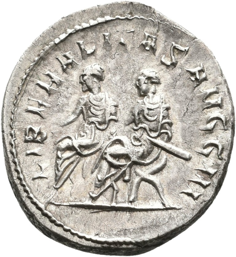RIC IV Philip I 230 Philip The Arab reverse, Philip the Arab and Philip II, seated left on curule chairs; Philip the Arab ...