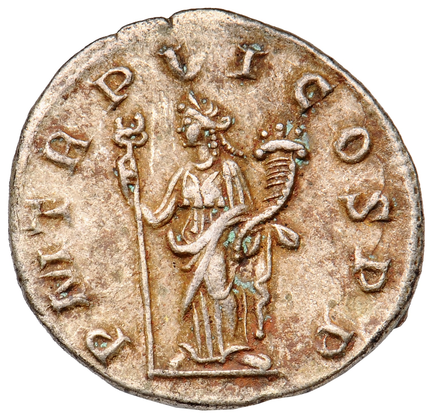 RIC IV Philip I 235b Philip The Arab reverse, Felicitas, draped, standing left, holding long caduceus in right hand and co...