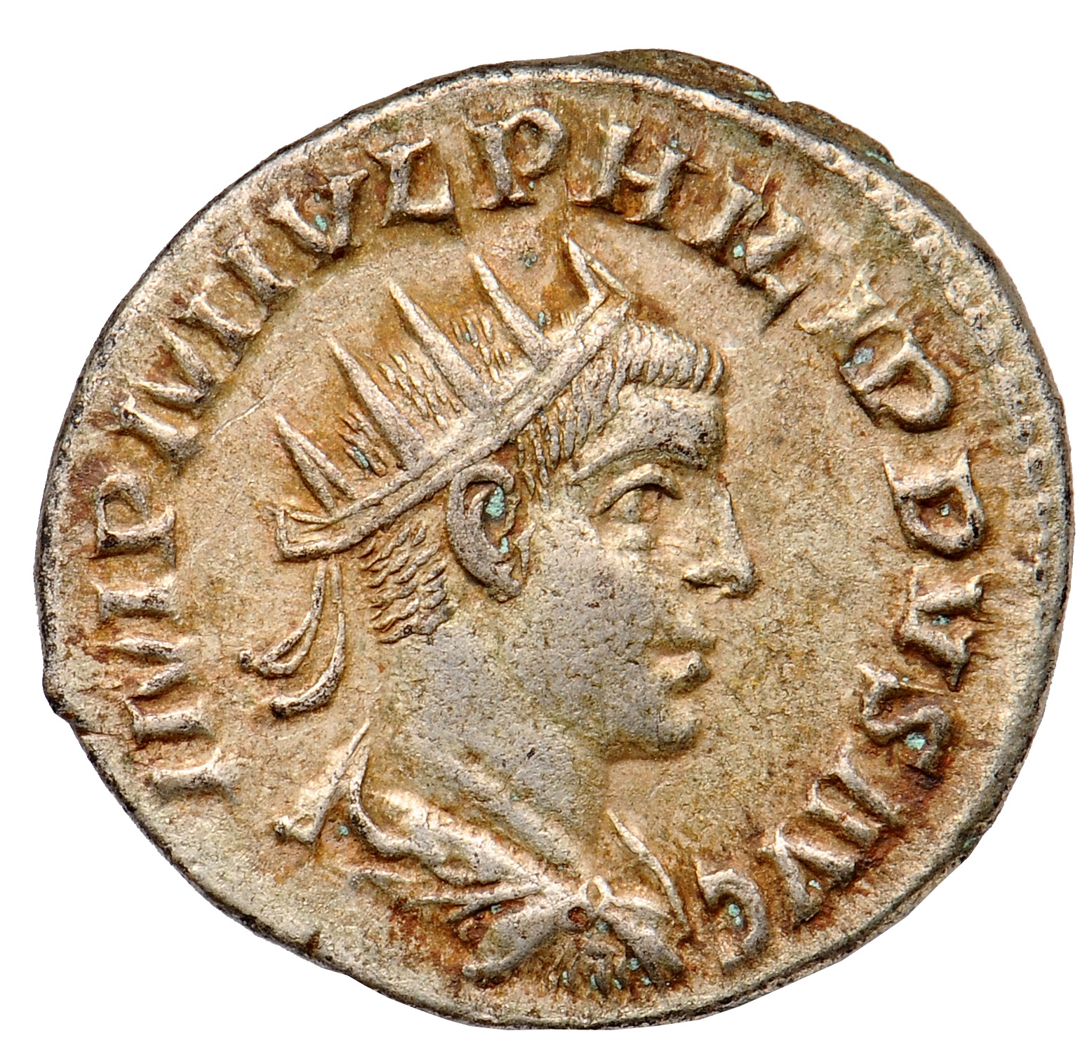 RIC IV Philip I 235b Philip The Arab obverse, Bust of Philip II, radiate, draped, cuirassed, right