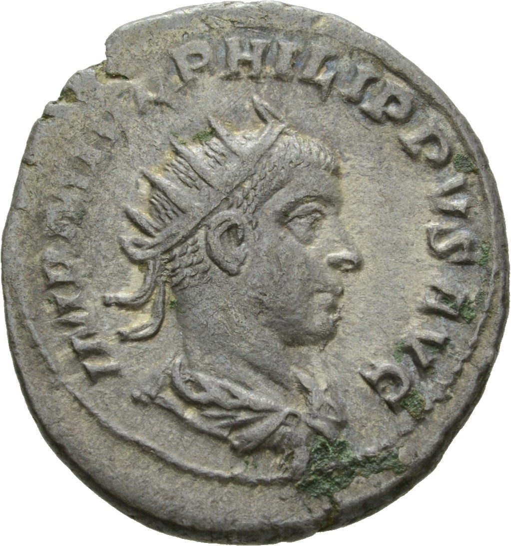 RIC IV Philip I 244 Philip The Arab obverse, Bust of Philip II, radiate, draped, cuirassed, left