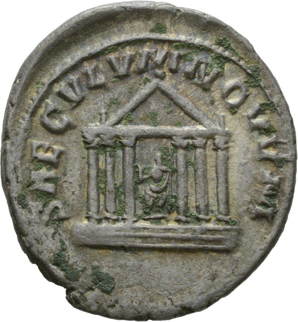 RIC IV Philip I 244 Philip The Arab reverse, Hexastyle temple with statue of Roma in centre