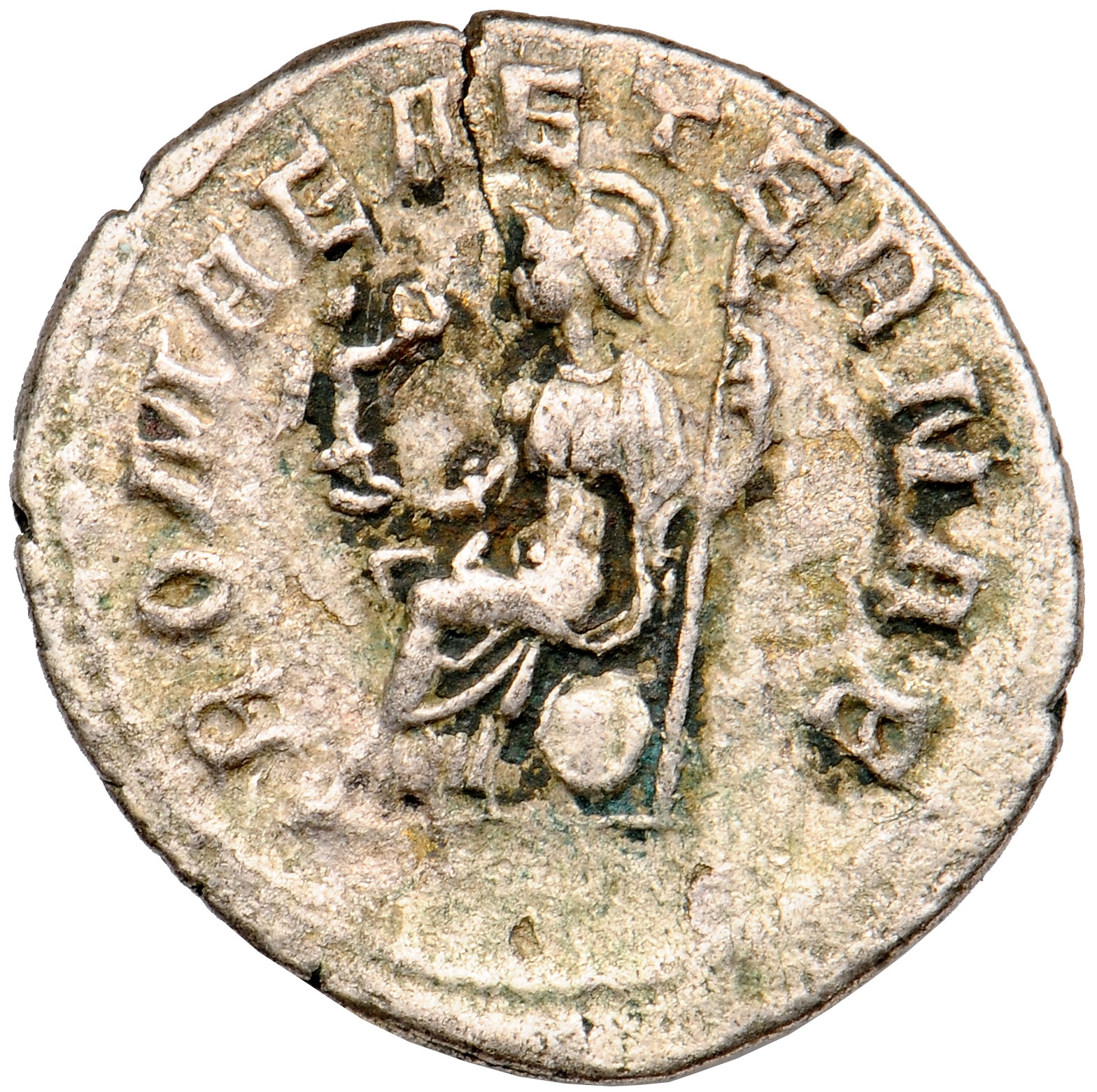 RIC IV Philip I 251A Philip The Arab reverse, Roma, helmeted, draped, seated left on shield, holding Victory, winged, drap...