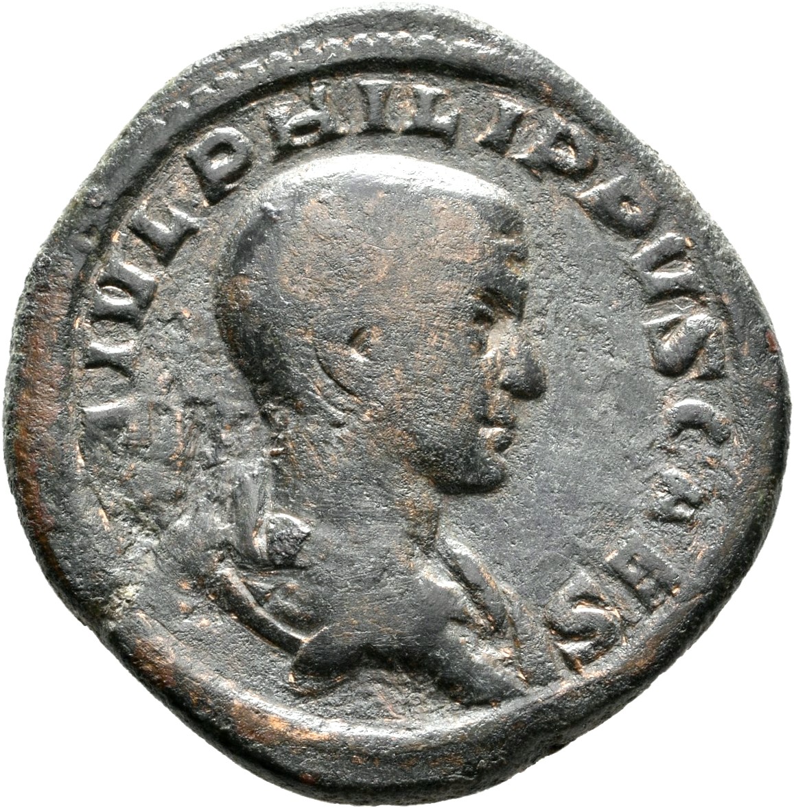 RIC IV Philip I 255 Philip The Arab obverse, Bust of Philip II, bare-headed, draped, right