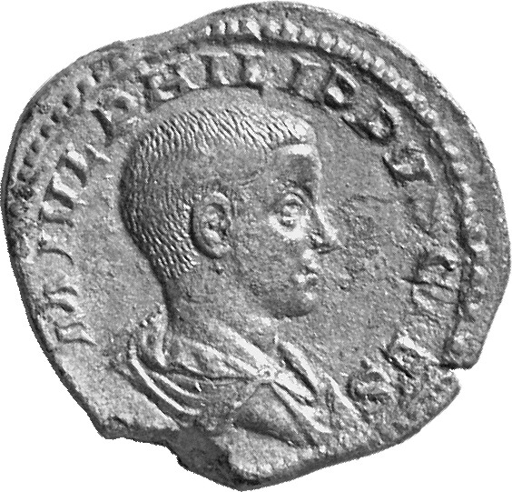 RIC IV Philip I 255A Philip The Arab obverse, Bust of Philip II, bare-headed, draped, right