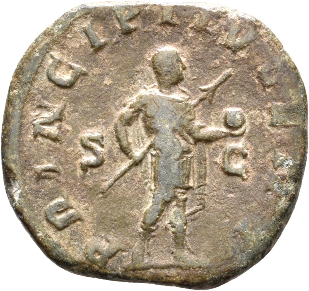 RIC IV Philip I 255A Philip The Arab reverse, Philip II, in military attire, standing right, holding transverse spear in r...