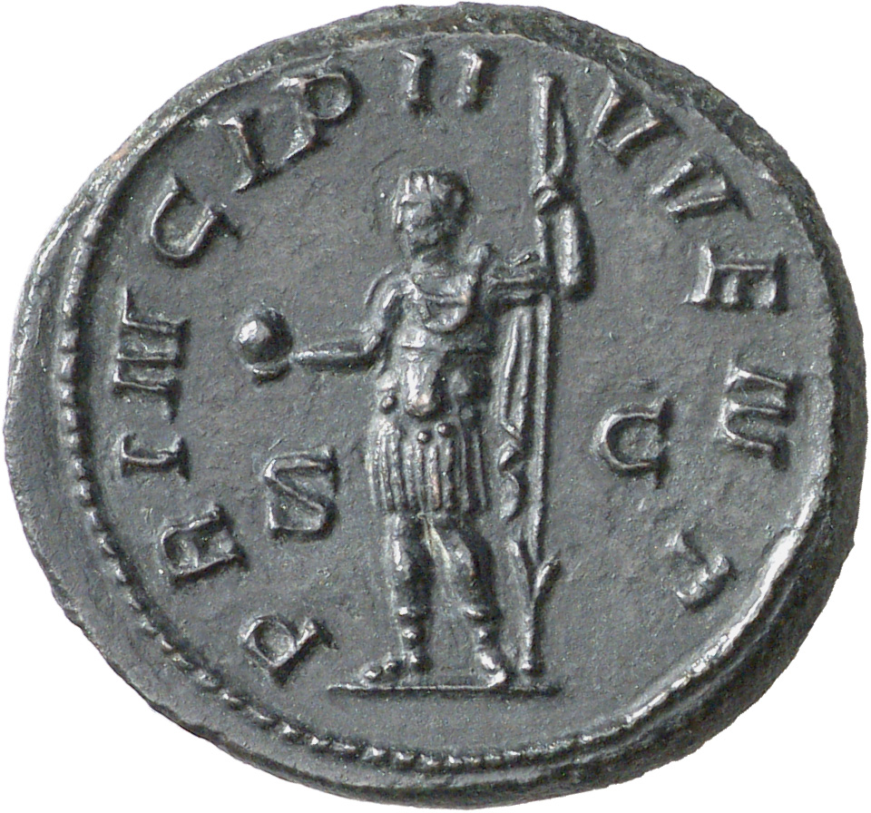 RIC IV Philip I 256C Philip The Arab reverse, Philip II, standing left, holding globe in right hand and vertical spear in ...
