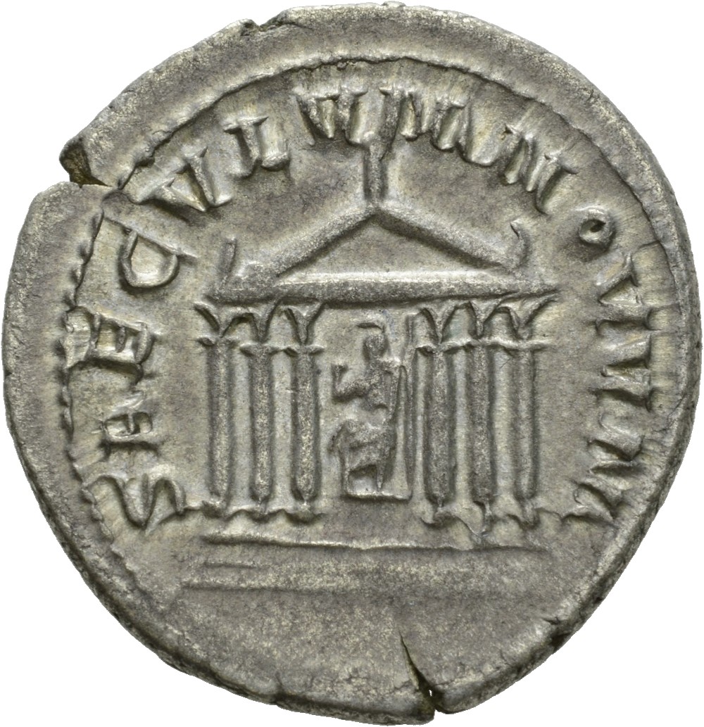 RIC IV Philip I 25B Philip The Arab reverse, Hexastyle temple with statue of Roma in centre of columns