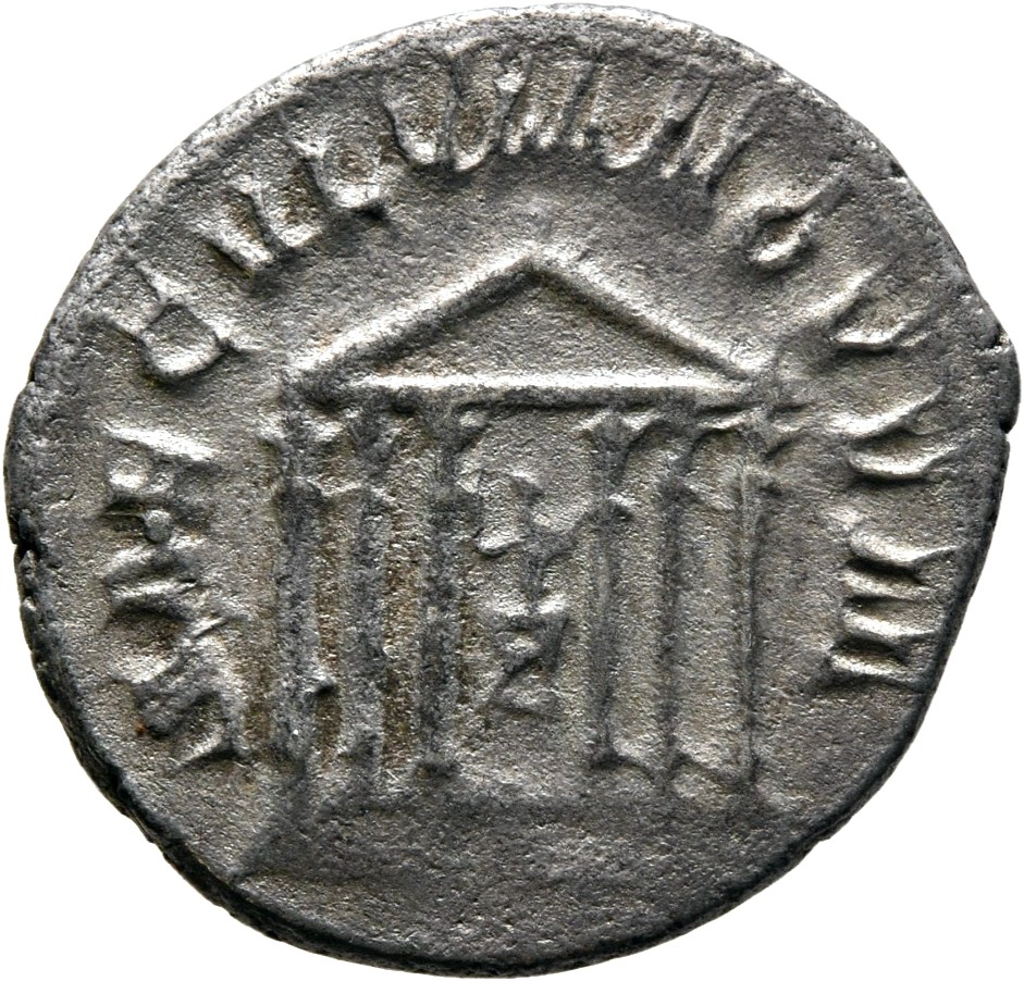 RIC IV Philip I 25B Philip The Arab reverse, Hexastyle temple with statue of Roma in centre of columns