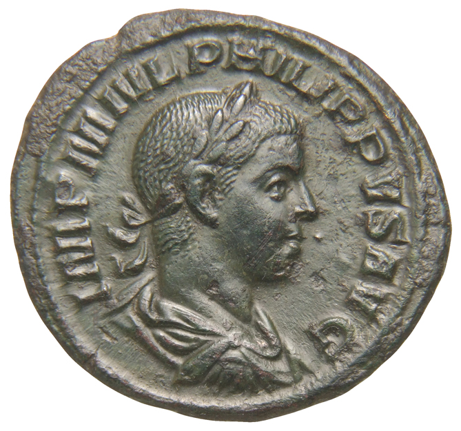 RIC IV Philip I 265A Philip The Arab obverse, Bust of Philip II, laureate, draped, cuirassed, right