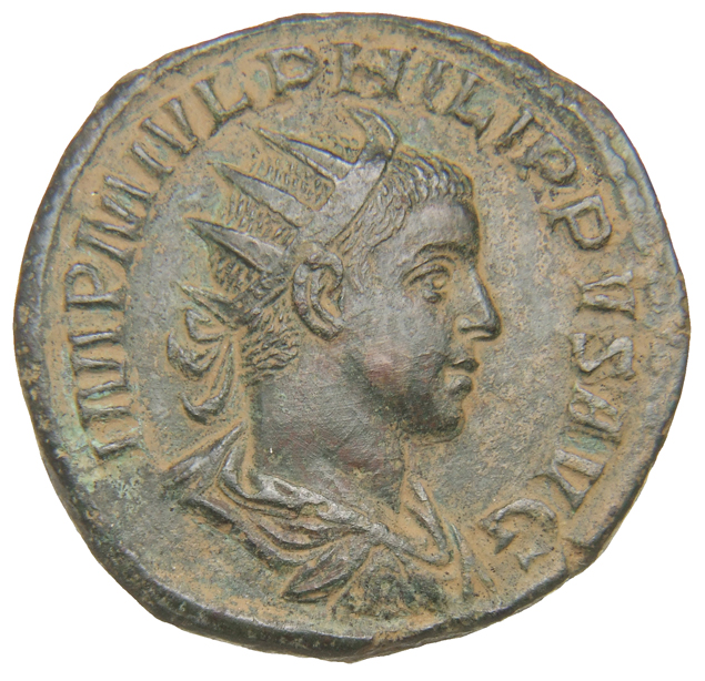 RIC IV Philip I 265C Philip The Arab obverse, Bust of Philip II, radiate, draped, cuirassed, right