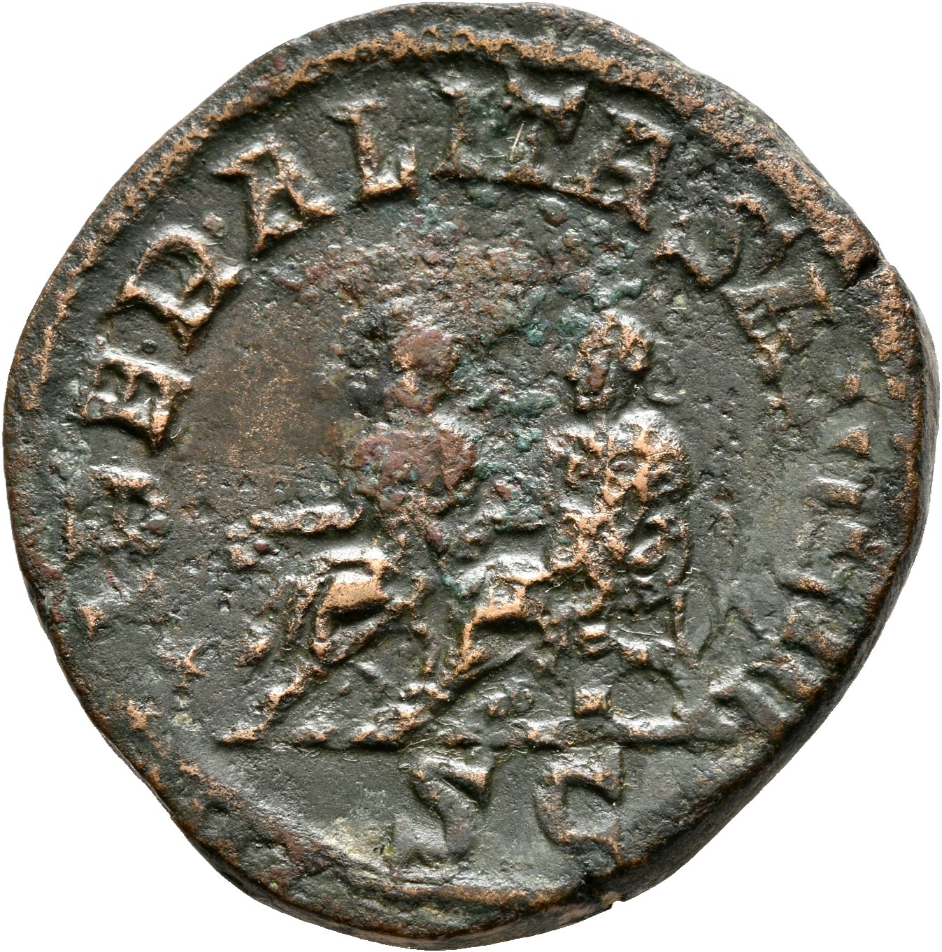 RIC IV Philip I 267A Philip The Arab reverse, Philip the Arab and Philip II, seated left, on curule chairs, extending righ...
