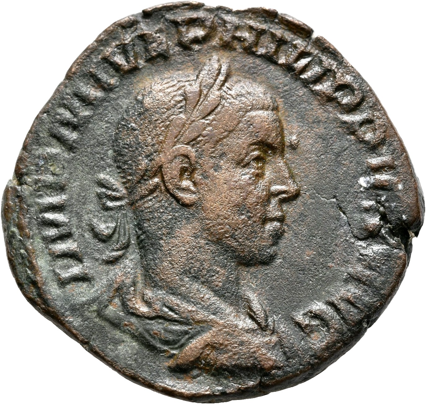 RIC IV Philip I 267A Philip The Arab obverse, Bust of Philip II, laureate, draped, cuirassed, right