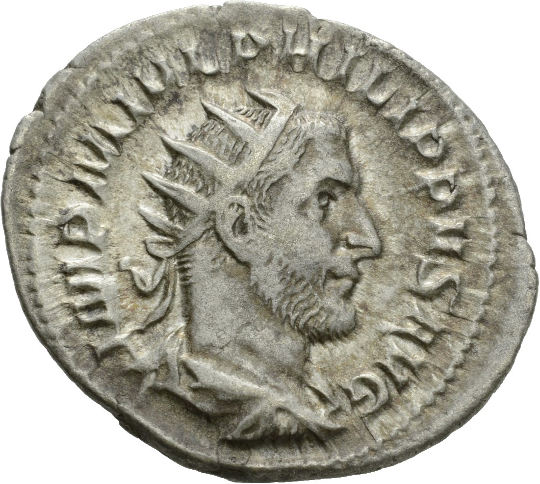 RIC IV Philip I 26B Philip The Arab obverse, Bust of Philip the Arab, radiate, draped, cuirassed, right