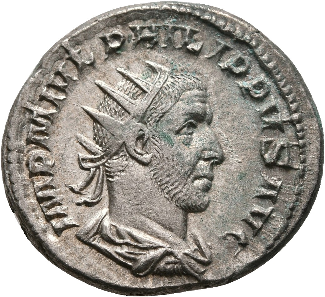 RIC IV Philip I 26B Philip The Arab obverse, Bust of Philip the Arab, radiate, draped, cuirassed, right