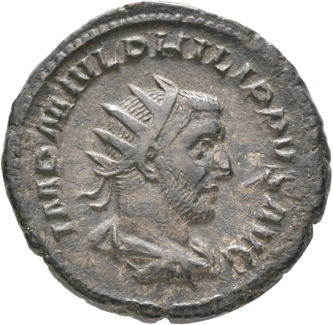 RIC IV Philip I 27B Philip The Arab obverse, Bust of Philip the Arab, radiate, draped, cuirassed, right