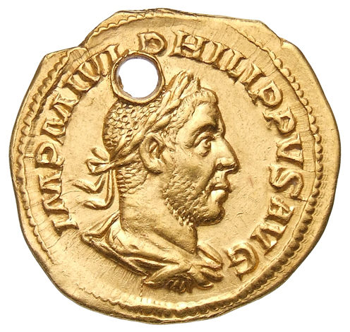 RIC IV Philip I 28 Philip The Arab obverse, Drapierte Panzerbüste des Philippus Arabs mit Lorbeerkranz in der Rückenansich...