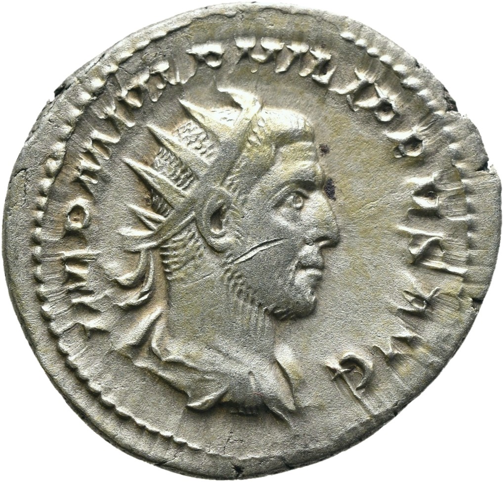 RIC IV Philip I 28C Philip The Arab obverse, Bust of Philip the Arab, radiate, draped, cuirassed, right