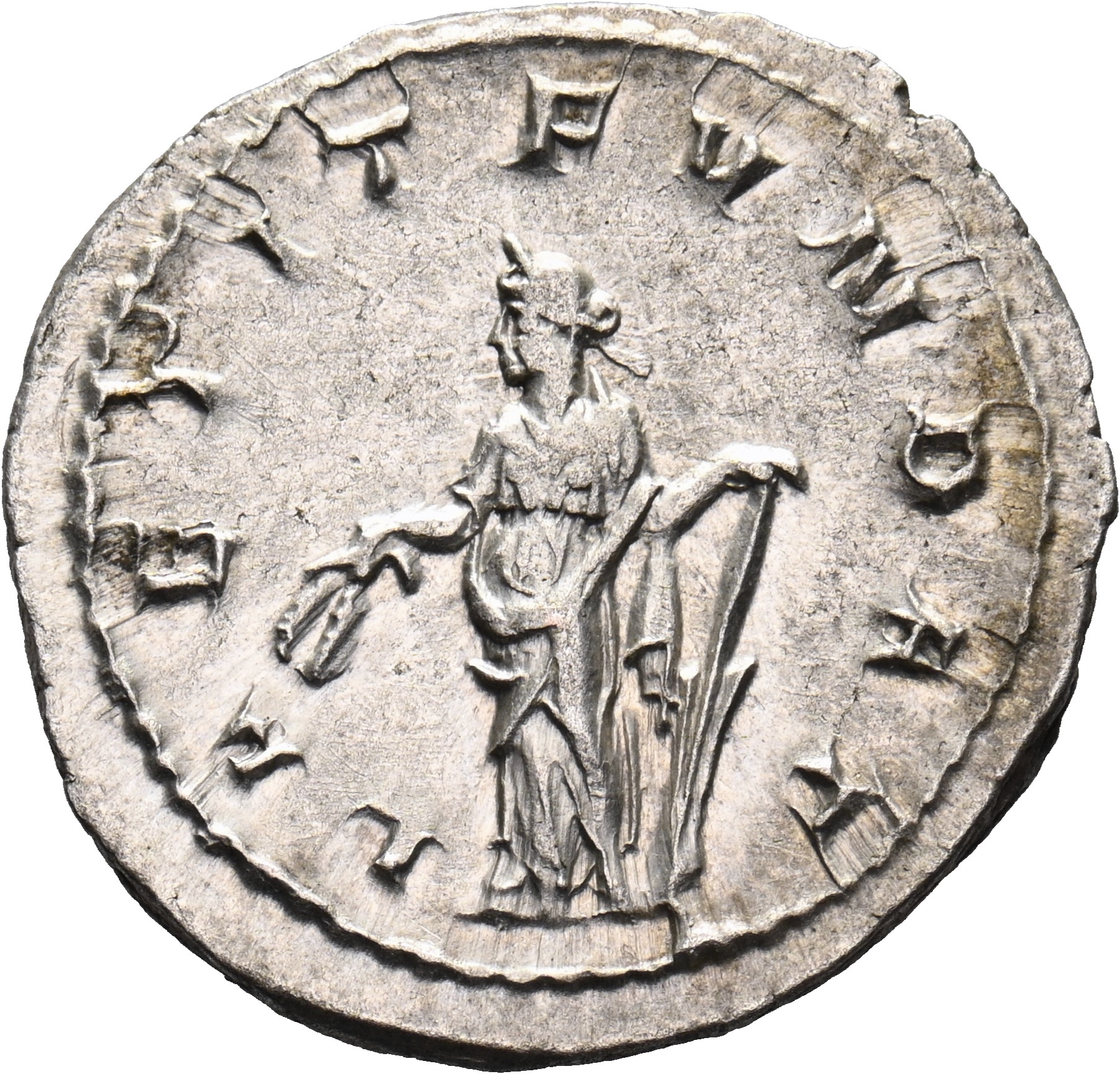 RIC IV Philip I 36B Philip The Arab reverse, Laetitia, draped, standing left, holding wreath in right hand and rudder in l...